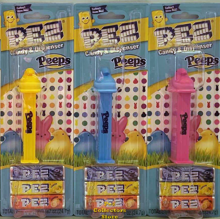 (image for) Peeps Yellow, Blue and Pink Chicks Pez Mint on Blue Card with Blueberry Pez Candy