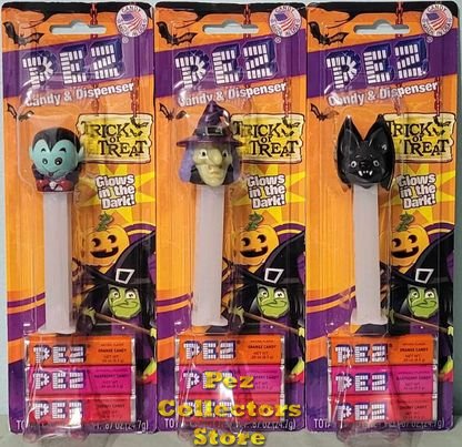 (image for) Halloween Pez Baby Vampire, Bat, Witch on White GITD Stems MOC