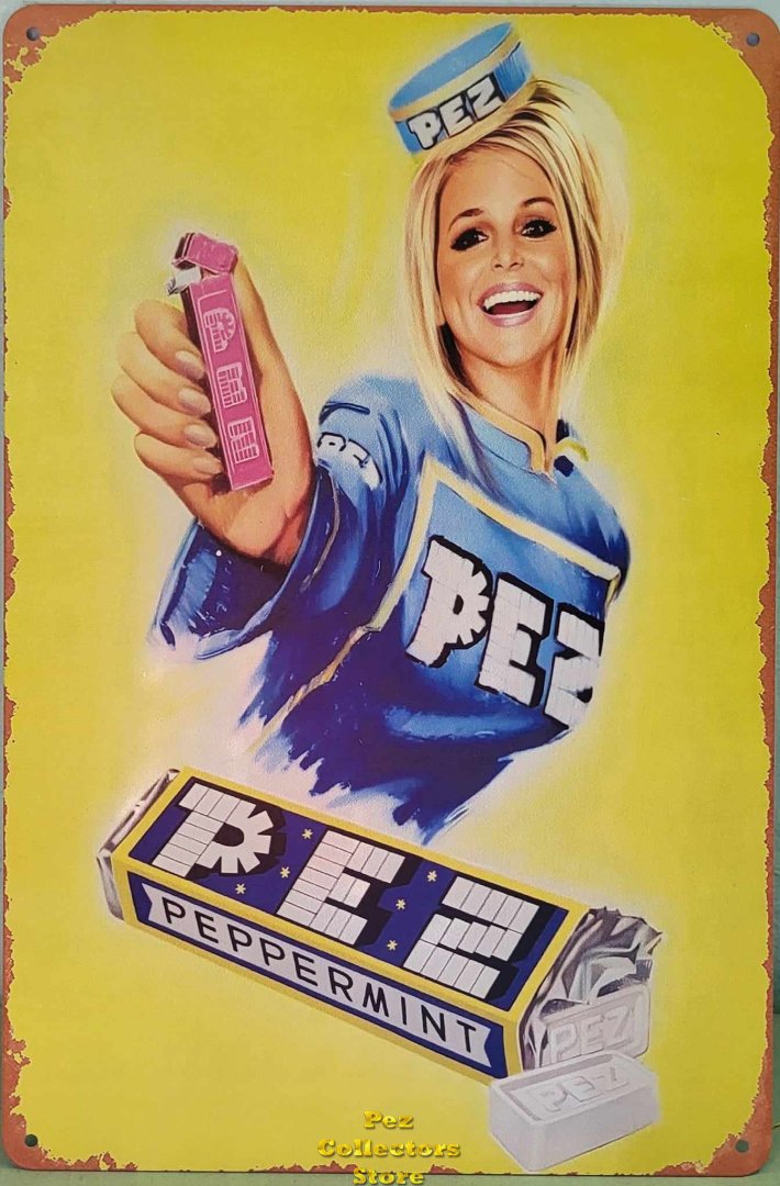 (image for) Metal Blonde PEZ Girl with Regular Advertising Sign 8" x 12"