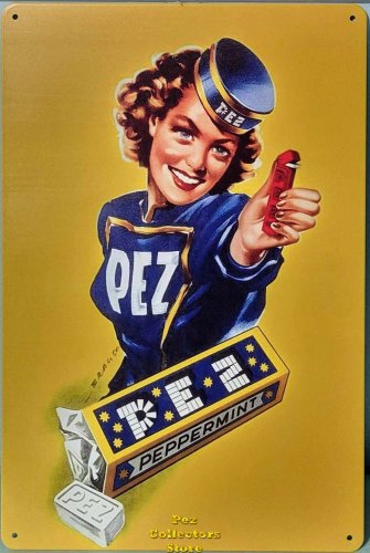 (image for) Metal Peppermint PEZ Curly Hair Presenter Girl Advertising Sign 8" x 12"