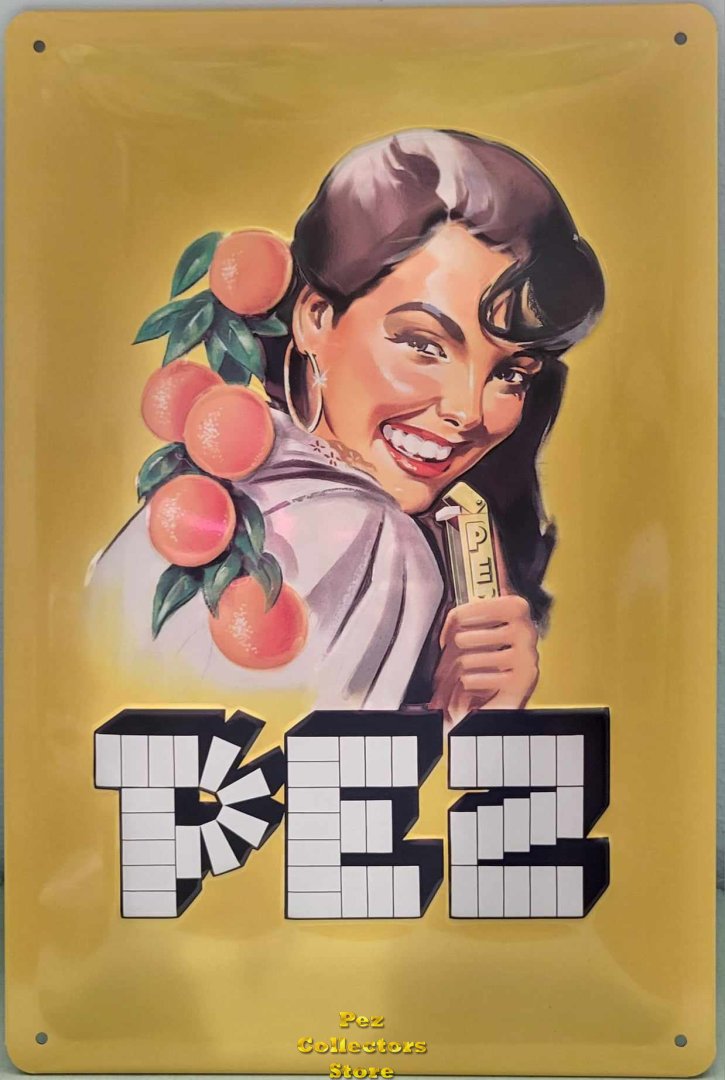 (image for) Embossed Metal Girl with Oranges and PEZ Regular Advertising Sign 8" x 12"