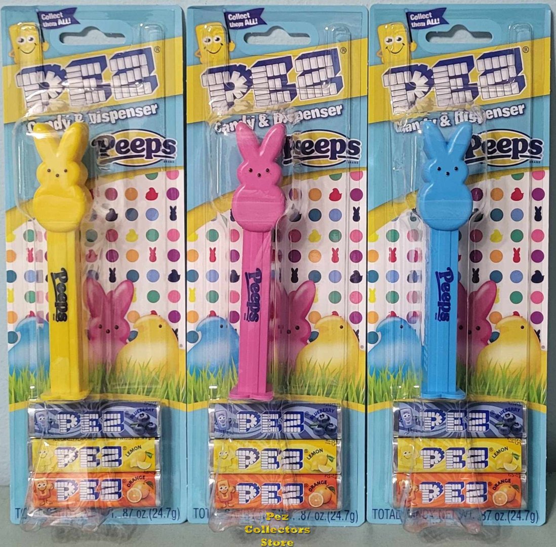 (image for) Peeps Yellow, Blue and Pink Bunnies Pez Mint on Blue Card with Blueberry Pez Candy