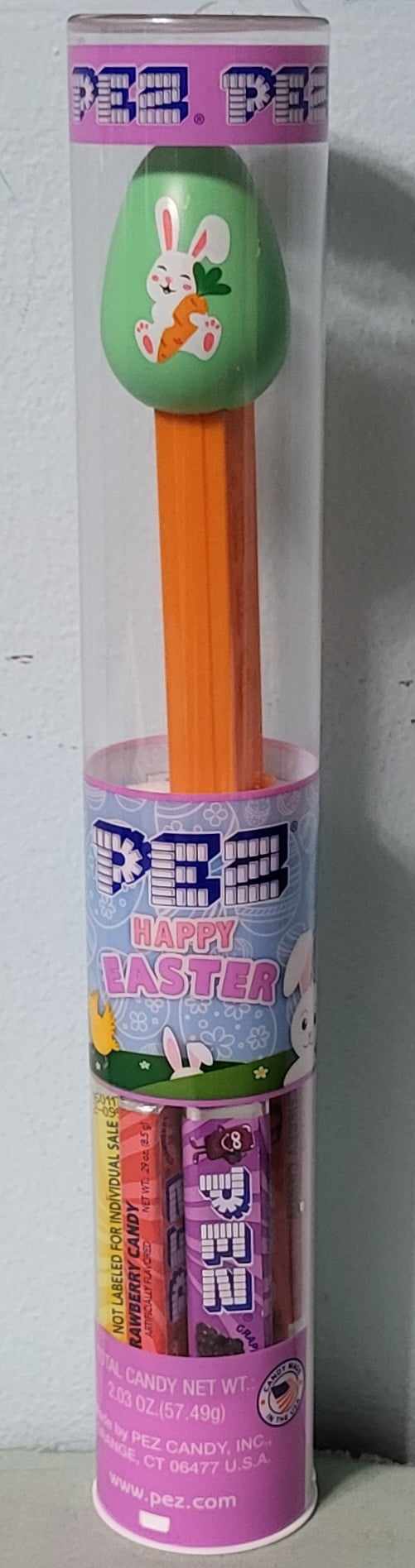 2024 Green Easter Egg with Bunny Holding Big Carrot Pez Mint in Tube